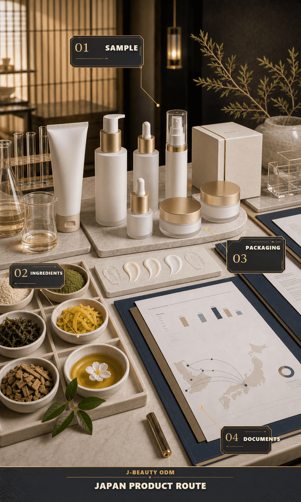Luxury launch board with Japan-made cosmetic packaging, ingredients, and importer documents