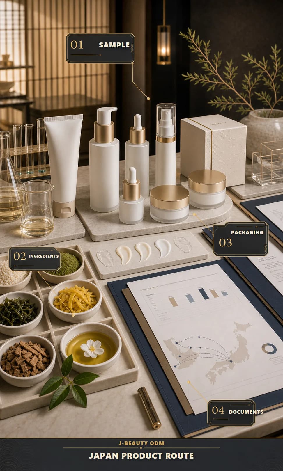 Luxury launch board with Japan-made cosmetic packaging, ingredients, and importer documents