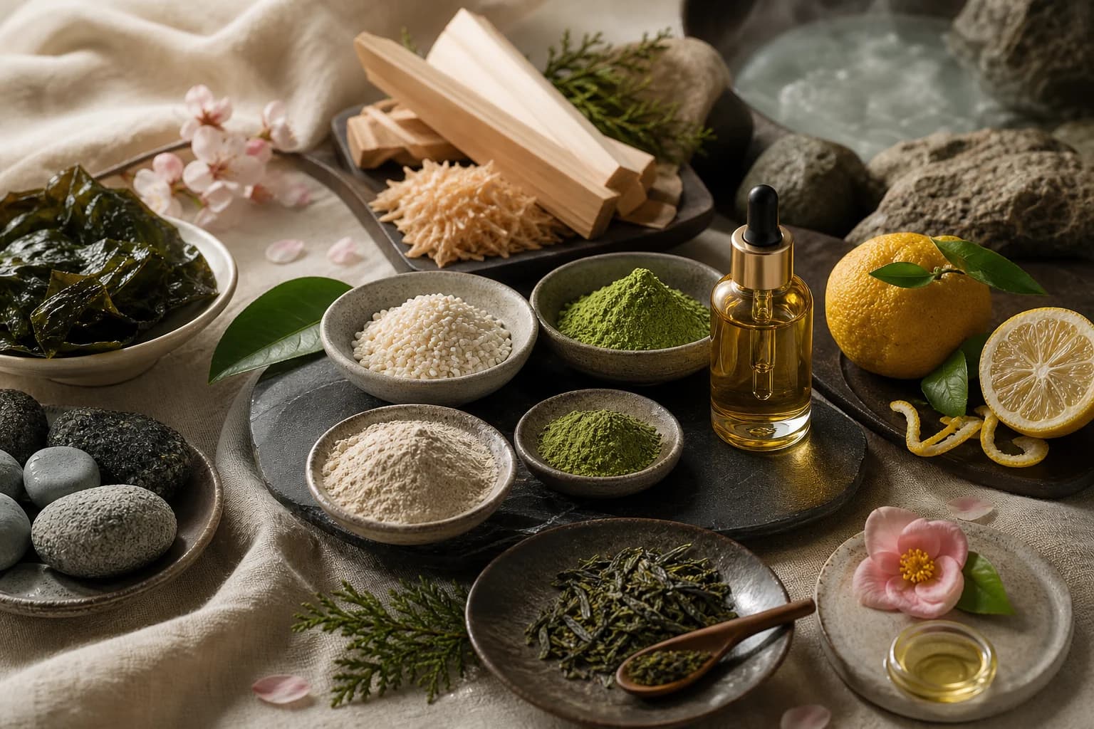 Japanese rice, koji, and botanical ingredients for skincare product concepts