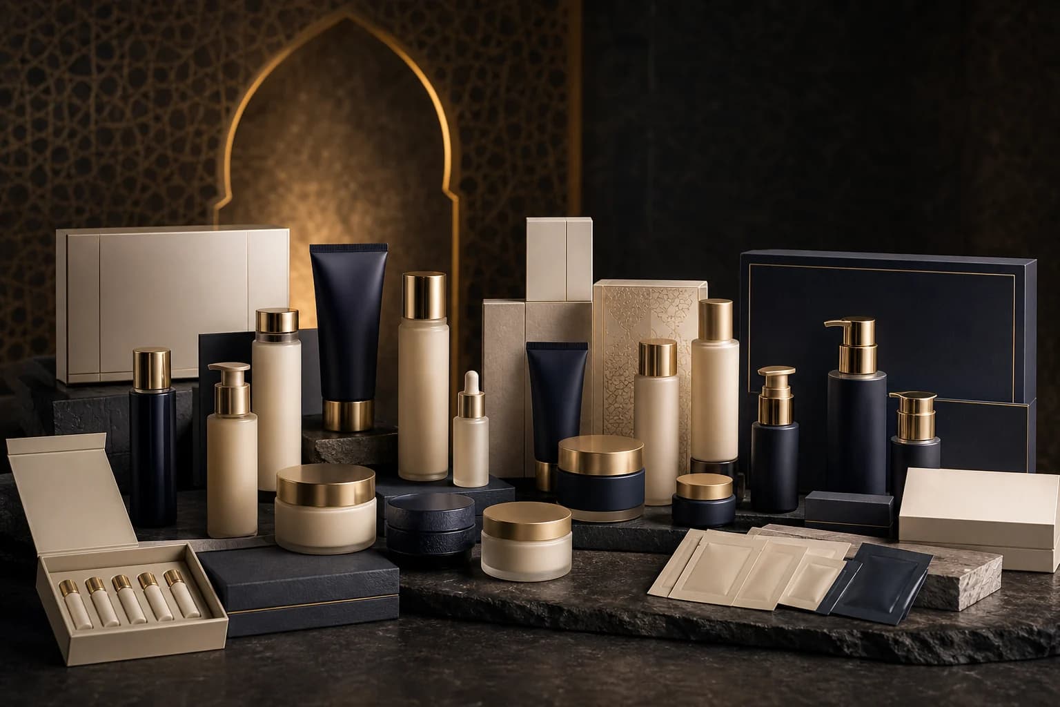 Premium cosmetic packaging samples prepared for private product development consultation